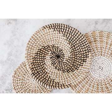 Handmade Hanging Wall Basket Decor - (Set of 3) - Round Woven Basket Wall Decor - Natural Boho Home Decor - Decorative Seagrass Bowl and Trays - Flat and Round Wicker Wall Décor - Boho Wall Baskets