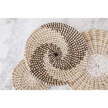 Handmade Hanging Wall Basket Decor - (Set of 3) - Round Woven Basket Wall Decor - Natural Boho Home Decor - Decorative Seagrass Bowl and Trays - Flat and Round Wicker Wall Décor - Boho Wall Baskets