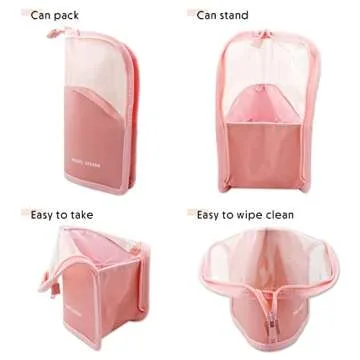 LEEFONE Makeup Brush Organizer Bag, Pink Travel Makeup Brush Holder, High Capacity Portable Waterproof Dust-Free Stand-Up Makeup Brush Holder with Divider for Women Girls