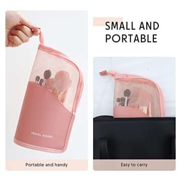 LEEFONE Makeup Brush Organizer Bag, Pink Travel Makeup Brush Holder, High Capacity Portable Waterproof Dust-Free Stand-Up Makeup Brush Holder with Divider for Women Girls