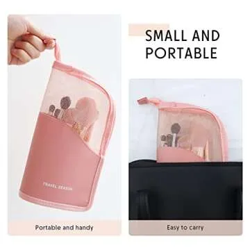 LEEFONE Makeup Brush Organizer Bag, Pink Travel Makeup Brush Holder, High Capacity Portable Waterproof Dust-Free Stand-Up Makeup Brush Holder with Divider for Women Girls