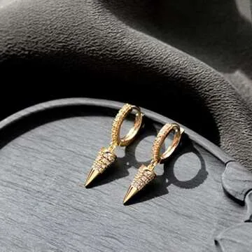 Mevecco Gold Dainty Hoop Earrings for Women 14K Gold Plated Dangle Hoop Earrings Cubic Zirconia Geometric Triangle Cone Dangle Earring