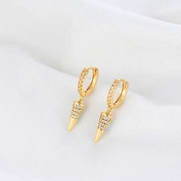 Mevecco Gold Dainty Hoop Earrings for Women 14K Gold Plated Dangle Hoop Earrings Cubic Zirconia Geometric Triangle Cone Dangle Earring
