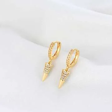 Mevecco Gold Dainty Hoop Earrings for Women 14K Gold Plated Dangle Hoop Earrings Cubic Zirconia Geometric Triangle Cone Dangle Earring
