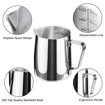 HOFASON Stainless Steel Milk Frothing Pitcher Cappuccino Pitcher Pouring Jug Espresso Cup Creamer Cup for Latte Art, 12 Ounce (350 ML)