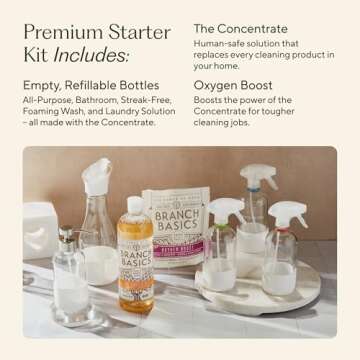 Branch Basics Premium Starter Kit in Glass: All Purpose Cleaner, Glass Cleaner, Bathroom Cleaner, Wash Bottle, and Laundry Bottle (3 Glass Spray Bottles + Concentrate) Fragrance-Free