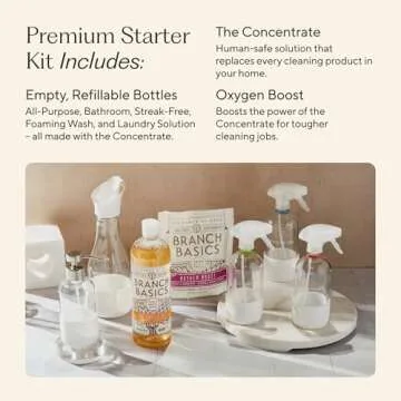 Branch Basics Premium Starter Kit in Glass: All Purpose Cleaner, Glass Cleaner, Bathroom Cleaner, Wash Bottle, and Laundry Bottle (3 Glass Spray Bottles + Concentrate) Fragrance-Free