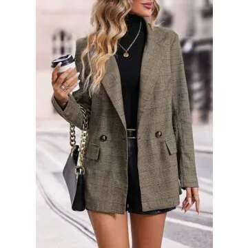 Plaid Blazer Jacket for Women Houndstooth 2024 Fall Winter Business Caual Tan Brown Work Office Womens Trendy Boyfriend Professional Fitted Fashion Dressy Ladies Tops Women's Blazers & Suit Jackets
