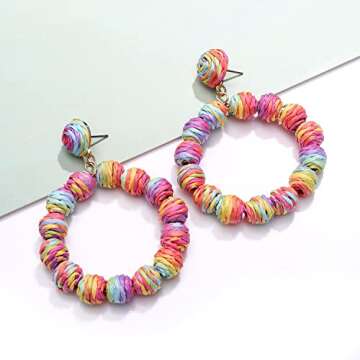 Raffia Earrings Rattan Ball Hoop Dangle Earrings for Women Handmade Bohemia Earrings Braid Straw Wicker Raffia Earrings Summer Beach Accessory Gifts (Mixed)