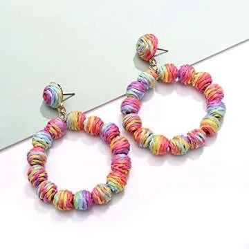 Raffia Earrings Rattan Ball Hoop Dangle Earrings for Women Handmade Bohemia Earrings Braid Straw Wicker Raffia Earrings Summer Beach Accessory Gifts (Mixed)
