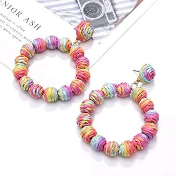 Raffia Earrings Rattan Ball Hoop Dangle Earrings for Women Handmade Bohemia Earrings Braid Straw Wicker Raffia Earrings Summer Beach Accessory Gifts (Mixed)