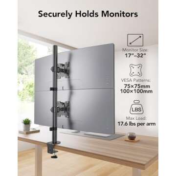 HUANUO Vertical Dual Monitor Mount, Stacked Monitor Stand for 2 Monitors with Height Adjustment Computer Monitor Arm Supports Two 17 to 32 Inch with C Clamp Each Monitor Desk Mount Hold up to 17.6lbs