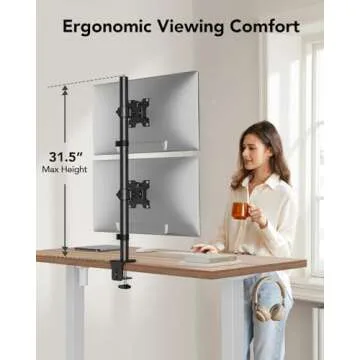 HUANUO Vertical Dual Monitor Mount, Stacked Monitor Stand for 2 Monitors with Height Adjustment Computer Monitor Arm Supports Two 17 to 32 Inch with C Clamp Each Monitor Desk Mount Hold up to 17.6lbs