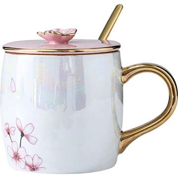 KEYIGOU 13.5oz Cherry Blossom Ceramic Mug with Lid Gold Spoon Pretty Tea Cup Coffee Mugs for Women U...