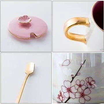 KEYIGOU 13.5oz Cherry Blossom Ceramic Mug with Lid Gold Spoon Pretty Tea Cup Coffee Mugs for Women Unique Sakura Gifts