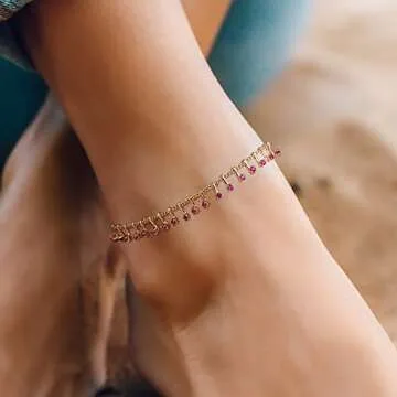 MTMY Gold Anklets for Women 14K Gold Plated Green Rose Colorful Cubic Zirconia Tassel Foot Chain Dainty Cute Anklets Summer Beach Boho Anklets Jewelry Gift (nano-rose)