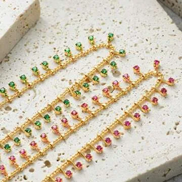 MTMY Gold Anklets for Women 14K Gold Plated Green Rose Colorful Cubic Zirconia Tassel Foot Chain Dainty Cute Anklets Summer Beach Boho Anklets Jewelry Gift (nano-rose)
