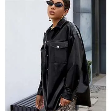Zempertoopa Women’s Casual Jacket PU Leather Coat Long Sleeve Button Down Streetwear Clothes Lapel Collar Loose Autumn Top