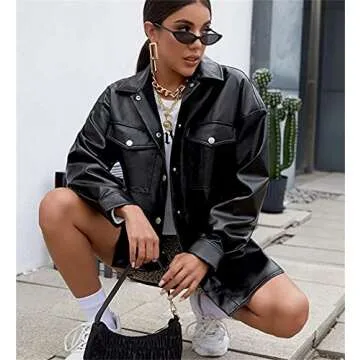 Zempertoopa Women’s Casual Jacket PU Leather Coat Long Sleeve Button Down Streetwear Clothes Lapel Collar Loose Autumn Top