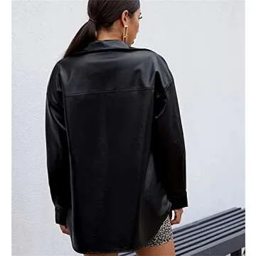 Zempertoopa Women’s Casual Jacket PU Leather Coat Long Sleeve Button Down Streetwear Clothes Lapel Collar Loose Autumn Top