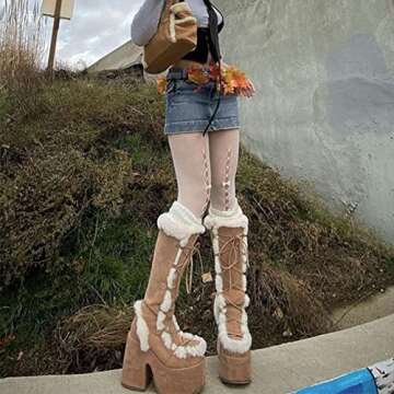 VIMISAOI Womens Mid Calf Boots, Lace Up Zip Block Chunky High Heel Punk Goth Warm Fur Winter Snow Platform Boots