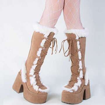 VIMISAOI Womens Mid Calf Boots, Lace Up Zip Block Chunky High Heel Punk Goth Warm Fur Winter Snow Platform Boots