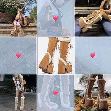 VIMISAOI Womens Mid Calf Boots, Lace Up Zip Block Chunky High Heel Punk Goth Warm Fur Winter Snow Platform Boots