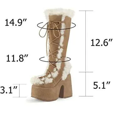 VIMISAOI Womens Mid Calf Boots, Lace Up Zip Block Chunky High Heel Punk Goth Warm Fur Winter Snow Platform Boots
