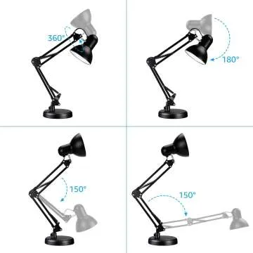 Adjustable Metal Desk Lamp with Clamp and E26 Base