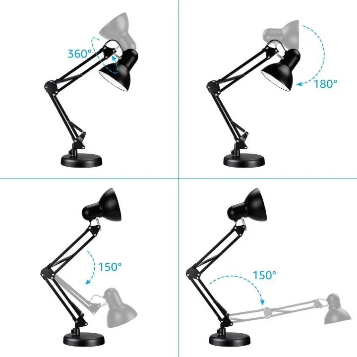 Adjustable Metal Desk Lamp with Clamp and E26 Base