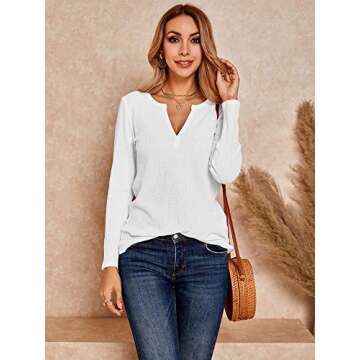 Womens V Neck Shirts Long Sleeve Waffle Knit Loose Fitting Warm Tee Tops (X-Large, White)