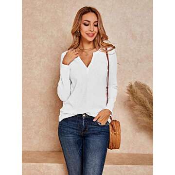 Womens V Neck Loose Fitting Waffle Knit Tee Tops