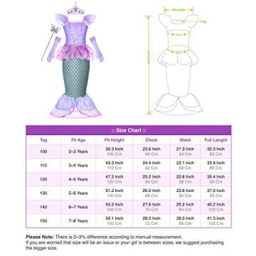 Cmiko Princess Ariel Costume Little Girls Mermaid Dress Up Clothes Purple Fancy Outfit with Tiara Wand Mace Gloves Accessories Set for Toddler Kids Halloween Cosplay Birthday Party Size 7-8 Years