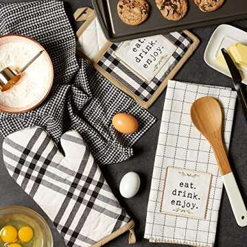 DII Home Sweet Farmhouse Kitchen Collection, Potholder/Oven Mitt/Dishtowel Set, Black, 4 Count