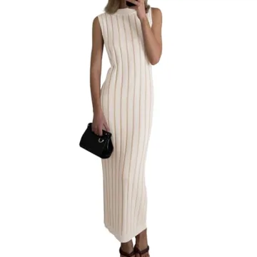 Wenrine Womens Sleeveless Sweater Dress Mock Neck Ribbed Knit Fall Tank Maxi Dresses Creamy-White