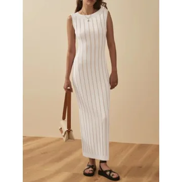 Wenrine Womens Sleeveless Sweater Dress Mock Neck Ribbed Knit Fall Tank Maxi Dresses Creamy-White