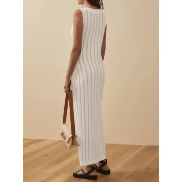 Wenrine Womens Sleeveless Sweater Dress Mock Neck Ribbed Knit Fall Tank Maxi Dresses Creamy-White