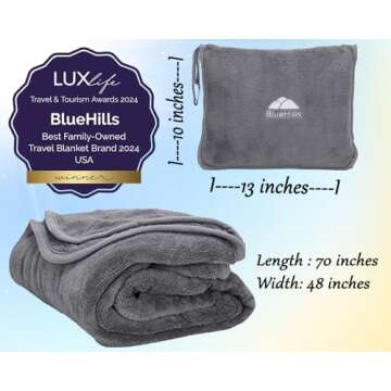 BlueHills Premium Soft Long Travel Blanket Pillow for Tall Airplane Flight Blanket Throw in Soft Bag case with Hand Luggage Belt & Backpack Clip Compact Pack Large Blanket Grey Gray T052