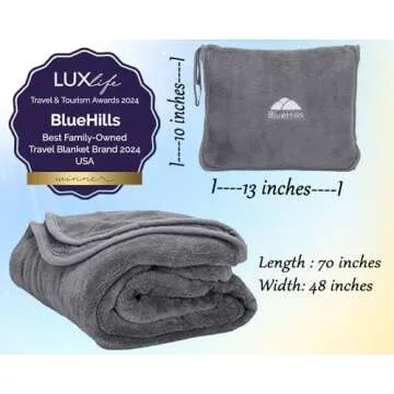 BlueHills Premium Soft Long Travel Blanket Pillow for Tall Airplane Flight Blanket Throw in Soft Bag case with Hand Luggage Belt & Backpack Clip Compact Pack Large Blanket Grey Gray T052