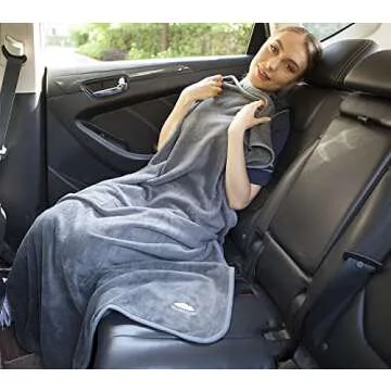 BlueHills Premium Soft Long Travel Blanket Pillow for Tall Airplane Flight Blanket Throw in Soft Bag case with Hand Luggage Belt & Backpack Clip Compact Pack Large Blanket Grey Gray T052