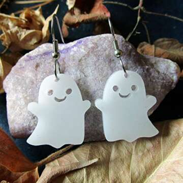 Happy Ghost Halloween Statement Dangle Earrings with Hypoallergenic Nickel Free Hooks, Smiling Kawaii Cute Pastel Goth Ghosts Jewelry