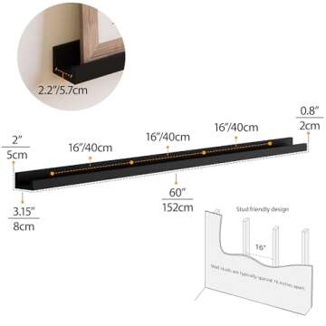 Wallniture Denver 60" Picture Ledge Shelf Set of 2 for Living Room Decor, Black Long Floating Shelves for Dining Room, Hallway, Bedroom Wall Decor