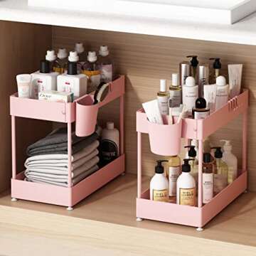 NYYTGE Double Sliding Under Sink Organizer, 2 Tier Bathroom Organizer with 1 Cup 4 Hooks, Multi-purp...