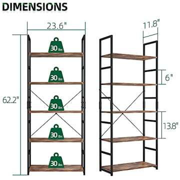 OTK 5 Tier Bookshelf, Tall Bookcase, Office Shelf Storage Organizer, Modern Book Shelf for Living Room, Bedroom, and Home Office, Vintage