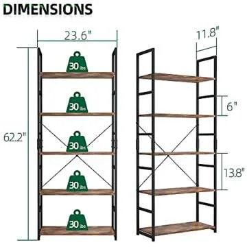 OTK 5 Tier Bookshelf, Tall Bookcase, Office Shelf Storage Organizer, Modern Book Shelf for Living Room, Bedroom, and Home Office, Vintage