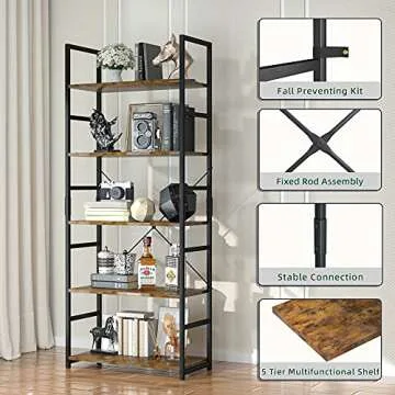 OTK 5 Tier Bookshelf, Tall Bookcase, Office Shelf Storage Organizer, Modern Book Shelf for Living Room, Bedroom, and Home Office, Vintage