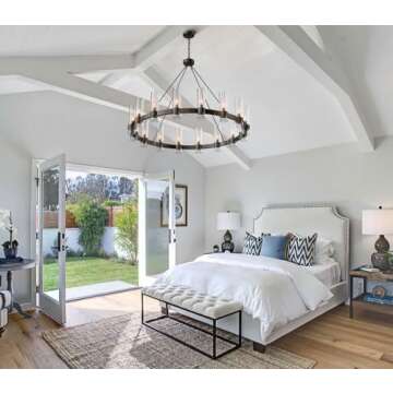 YIOSI Black Chandelier,16-Lights Wagon Wheel Chandelier with Glass Shade,48 Inch Large Round Industrial High Ceilings Pendant Lighting Fixture for Dining Room, Living Room, Kitchen Island, Foyer