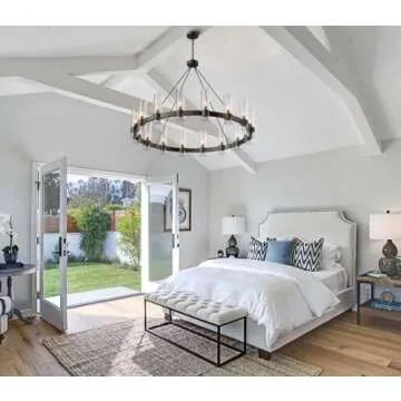 YIOSI Black Chandelier,16-Lights Wagon Wheel Chandelier with Glass Shade,48 Inch Large Round Industrial High Ceilings Pendant Lighting Fixture for Dining Room, Living Room, Kitchen Island, Foyer