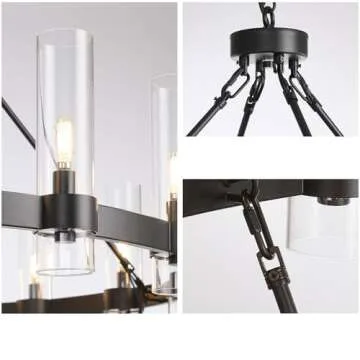 YIOSI Black Chandelier,16-Lights Wagon Wheel Chandelier with Glass Shade,48 Inch Large Round Industrial High Ceilings Pendant Lighting Fixture for Dining Room, Living Room, Kitchen Island, Foyer