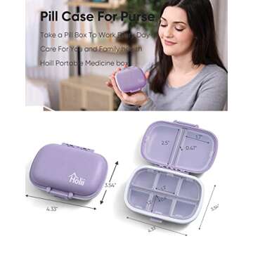 Holii Travel Pill Organizer, 8 Compartments Portable Pill Case, Daily Pill Box to Hold Vitamins, Small Pill Container for Pocket Purse Medicine Organizer（Purple）